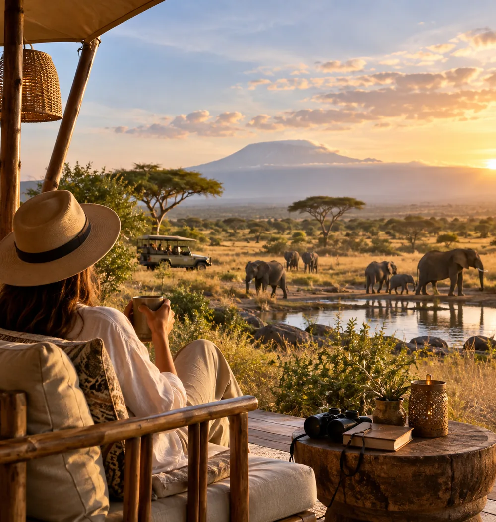 Safari guest watching elephants at sunset